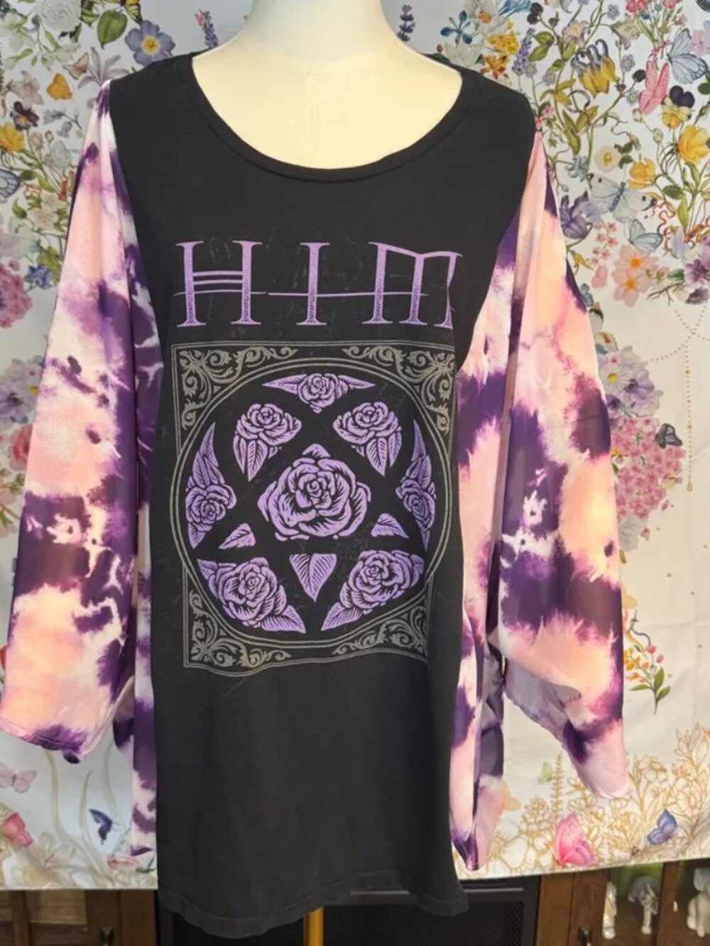 HIM Upcycled Graphic T-Shirt with Flowy Tie Dye Printed Sleeves - OSFM